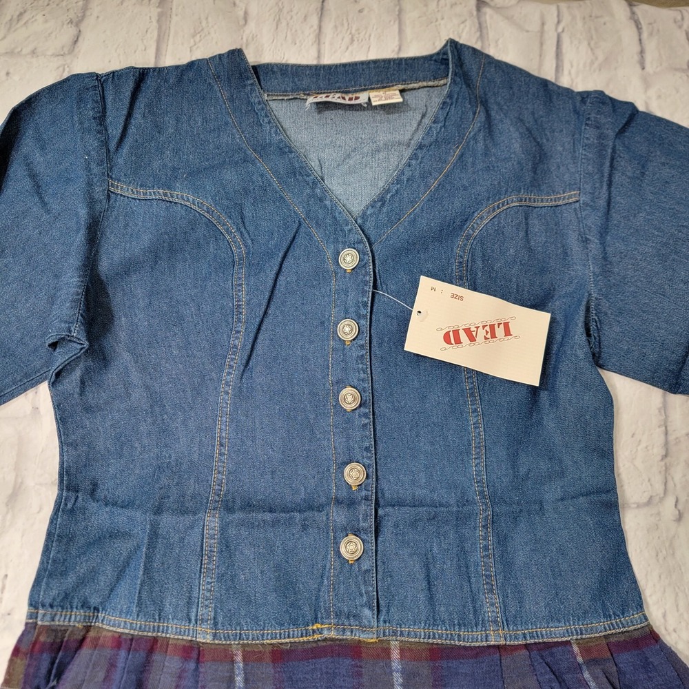 Tunic Top Dress sz Medium Pleated Plaid Flannel Denim Jean Vintage Style 90s Y2K - Picture 4 of 11